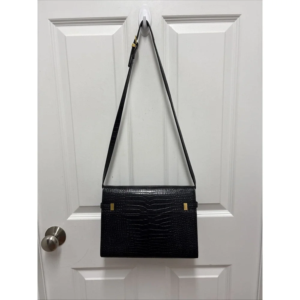 Saint Laurent Manhatten Black Embossed Croc Shoulder‎ Bag